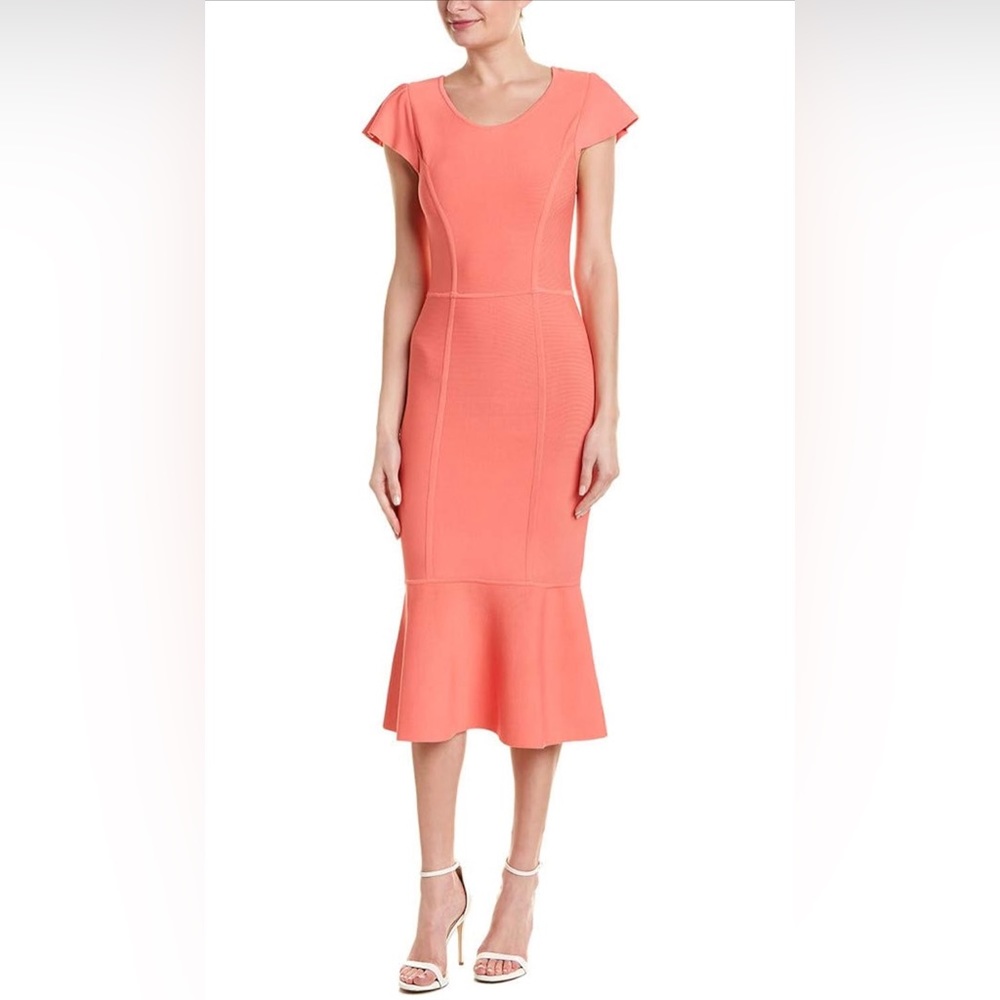 BCBGMaxazria coral midi length dress Short sleeve Silver zipper detail in back.